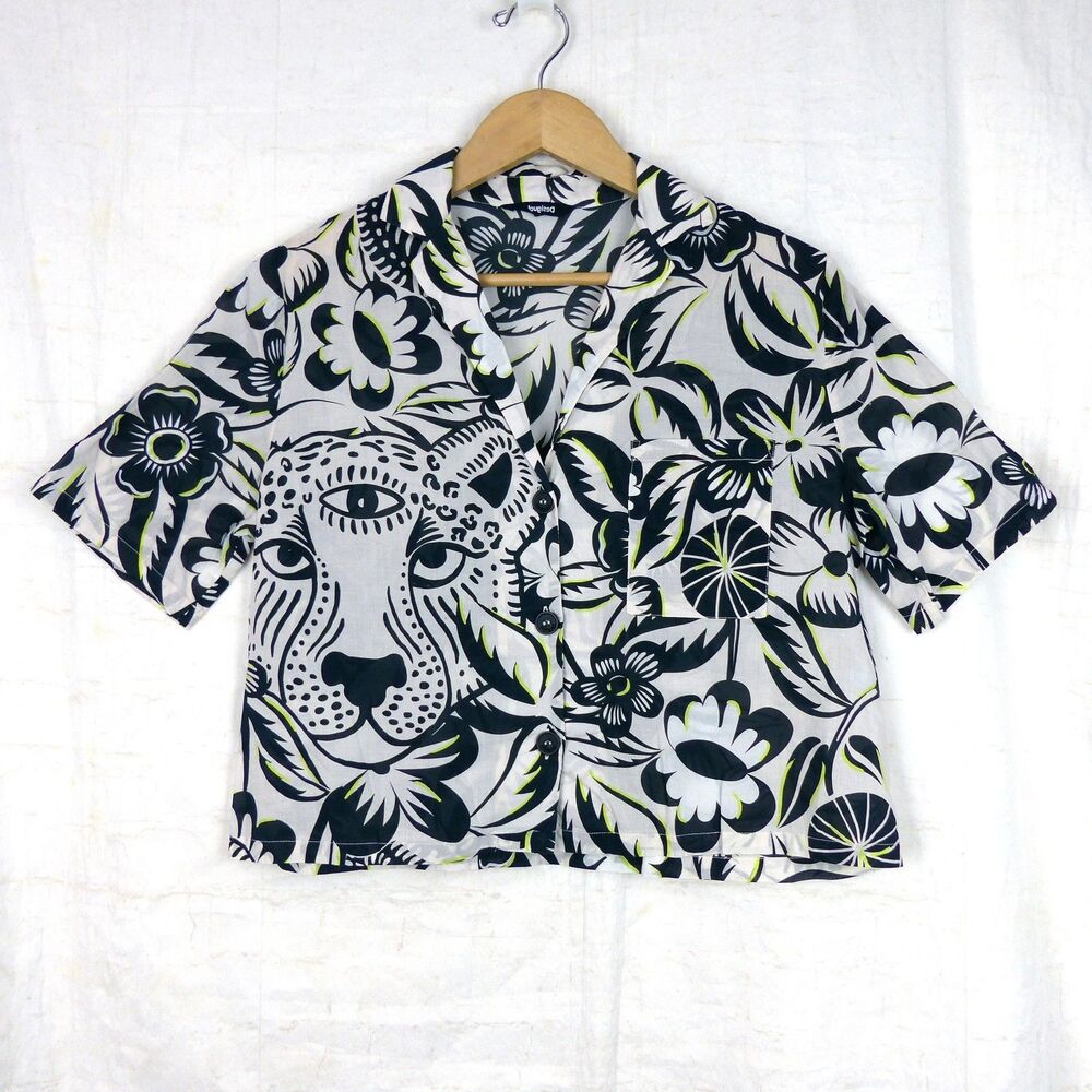 Desigual Leopard Floral Print Crop Button Shirt Womens Large L Cotton Top Artsy